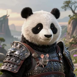 a headshot of an anthropomorphic panda samurai, wearing armor with spiked shoulders, small mouse companion, landscape in background, dnd character art portrait, world of warcraft style, by peter mohrbacher, cinematic lighting