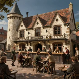 medieval pub full of people