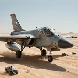a gritty hyperdetailed photorealistic ground attack aircraft shooting a gatling gun at a small group of vehicles in the desert, cinematic framing, cinematatic lighting, cinematic shadows, in the style of top gun maverick