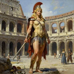 A mixed media painting of a beautiful blonde warrior goddess in a coliseum, very aesthetic, curvy, detailed face and eyes, spartan, by Frank Frazetta, Boris Vallejo, Greg Rutkowski, Christian MacNevin, epic fantasy character art, roman numerals, high fantasy, CGsociety, full length, exquisite detail, post-processing, masterpiece, cinematic, coliseum backdrop