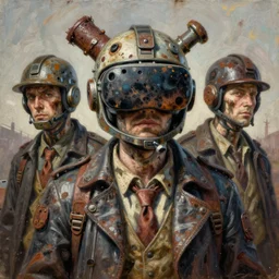 junky men portrait, vr helmet, durty colours, rotten textures, rusty shapes, biotechnology, norman rockwell, tim hildebrandt, mark maggiori, jeff dekal, long shot, hyperrealistic oil painting on canvas, deep depth field, cinematic composition, hyper - detailed, hdr, 8 k, 4 k