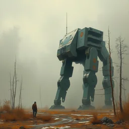 an epic painting of a huge lonely robot by jakub rozalski