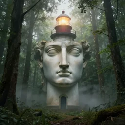 a forest lighthouse, portrait by mikelangelo fantasy, artwork, digital art, highly detailed face, nature, light, fog