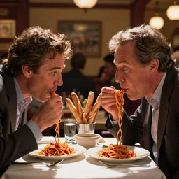 will ferrell sitting across from owen wilson at an olive garden restaurant, slurping spaghetti like lady and the tramp movie, endless breadsticks in the background, cinematic