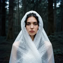 a closeup portrait of a woman wrapped in bubble wrap, standing in front of a vast black forest, color photograph, by vincent desiderio, canon eos c 3 0 0, ƒ 1. 8, 3 5 mm, 8 k, medium - format print