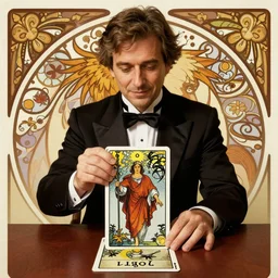 Yoshua Bengio as the magician on a tarot card, tarot in art style by Alphonse Mucha