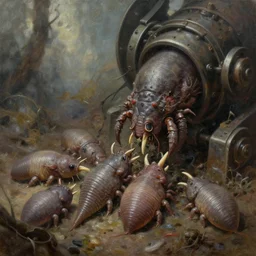 oil painting of disgusting varied filthy feeding dentrivores inachidae clawing at machinery by kelly freas, unreal engine render, cinematic, panorama,