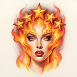 Intricate five star Fire Sprite portrait by Anna Kullberg, Colored pencil on paper, high detail, skin texture, photo realistic, hyperrealism,matte finish, high contrast, 3d depth, masterpiece, vivid colors, artstationhd