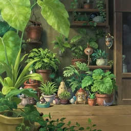 room full of plants and little objects, in the style of studio ghiblis spirited away, key anime visuals
