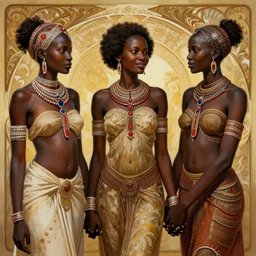 three beautiful Zulu holding hands , intricate, elegant, highly detailed, digital painting, artstation, concept art, smooth, sharp, focus, illustration, art by artgerm and greg rutkowski and alphonse mucha