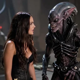 film still of Megan Fox talking with a Goblin in the movie Alien(1990).