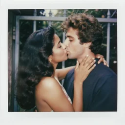 a woman with dark brown skin and long black hair cascades down her back is kissing her husband while posing at a garden gate. His hair is styled in loose, wavy curls. His skin has a medium brown tone, and his eyes are a deep, rich brown. The image is a vintage 1980s Polaroid photograph