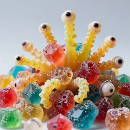 closeup colorful hard alien candy crystals alive slimey tentacles many tiny eyeballs very tasty studio lighting 8 k