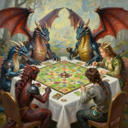 a group of dragons sitting around a table playing a board game, oil painting