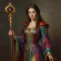 an anthropomorphic beautiful female wizard portrait holding a staff wearing colourful robe, fine art, award winning, intricate, elegant, sharp focus, octane render, hyperrealistic, cinematic lighting, highly detailed, digital painting, 8 k concept art, art by jamie hewlett and z. w. gu, masterpiece, trending on artstation, 8 k
