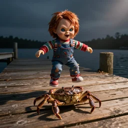 screaming chucky doll jumping on crab on wooden dock