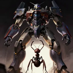low ant's view. foreshortened perspective. looking up at a gigantic humanoid manga style battle mech designed by syd mead. intense chiarascuro lighting. colored parts. octane render. trending. artstation. hard lines. sharpen filter.