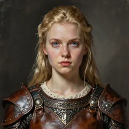 leather armored full - body portrait of slavic young woman warrior, front, symmetrical, extremely detailed face, beautiful face, blonde hair, blue eyes, digital painting, true anatomy, by valerian city of a thousand planets, by ruan jin #, by mandy jurgens #, by artgerm #, william - adolphe bouguerea #