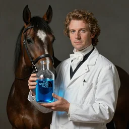 portrait of an aristocratic horse dressed as a scientist holds a modern transparent the north face little bottle filled with vivid blue iridescent liquid, art highly detailed, by frank frazetta, keith parkinson and greg rutkowski and aleksandra skiba, concept art,