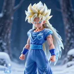 portrait focus of super saiyan beautiful 3 d anime girl posing, frozen ice, dark forest background, snowing, bokeh, inspired by masami kurumada, octane render