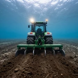 ultrawide shot backlit john deere tractor ploughing the seabed underwater photo on gopro