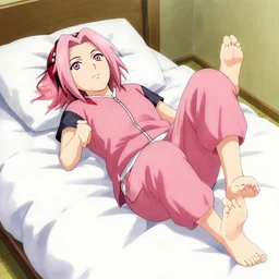 Sakura Haruno laying in bed with foot sticking out, drawn by Masashi Kishimoto