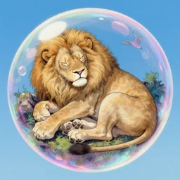 aesthetic portrait commission of a albino male furry anthro lion sleeping inside a holographic iridescent reflective bubble in the blue sky,  cozy Atmosphere, hyperdetailed. Character design by charlie bowater, ross tran, artgerm, and makoto shinkai, detailed, inked, western comic book art, 2021 award winning painting