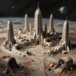Space city ruins from outer space, Jessica Rossier color scheme, matte painting by Ruan Jia and Syd Mead, featured in artstation, octane render, cinematic, elegant, intricate, 8k, HDR