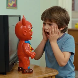 vhs footage of an 8 0 s toy commercial where a kid is terrified of a possessed demonic toy