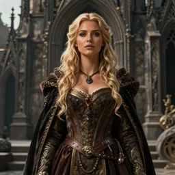female merchant, blond hair, tanned, beautiful, stunning, detailled, art by artgerm and greg rutkowski, by luis royo, by pixar, by myazaki, gothic, final fantasy, fantasy, medieval