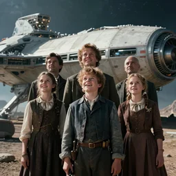 sharp, highly detailed, film from a blockbuster sci fi 8 k color movie, set in 1 8 6 0, family standing in front of a crashed spaceship, on a alien planet, looking happy, wearing 1 8 5 0 s era clothes, atmospheric lighting, in focus, 3 5 mm macro lens, live action, nice composition, good photography, crystal clear facial details