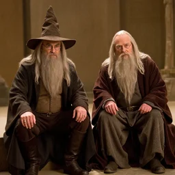 wide angle long shot, film still of jean - luc picard sitting next to gandalf wearing the sorting hat from harry potter, warm lighting, photorealistic, realistic, detailed, 2 4 mm, 8 k