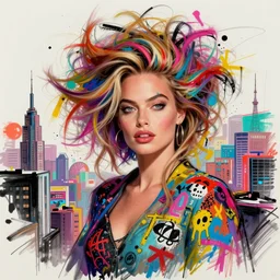 a sketch, ultra detailed, fashion, magic, universe, beautiful woman, similar to margot robbie, crazy hairstyle, beatiful colors, surreal city, in style of jean - michel basquiat, trending on artstation