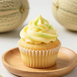 dslr food photography of a melon cupcake, on a wooden plate, with yello - green - striped creme topping and a bottle of lemon sauce on the side, macro shot, hasselblad, 1 0 0 mm f 1. 8, dynamic lightning