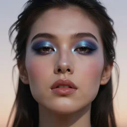 celestial goddess facial portrait, legendary epic shot, 90s make-up, low angle, dawn, by artgerm, julie bell, beeple and Greg Rutkowski, airbrush, science fantasy, 90s, concept art, realistic matte painting, Smooth gradients, octane render, 8k, High contrast, duo tone, depth of field, volumetric lightning, very coherent, symmetrical, skin pore detail