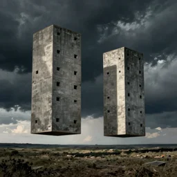 tall boxes floating across the horizon next to each other, zdzislaw beksinski