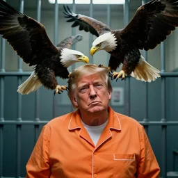 Medium Shot Donald Trumps wearing orange pajamas in jail and an american eagle is attacking and biting his head, octane, dramatic lighting, editorial photo, 35mm, very detailed