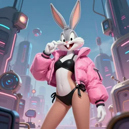 beautiful fantasy character portrait, bugs bunny, wearing oversized puffy pink bomber jacket and black bikini, ultra realistic, wide angle, seductive pose, cyberpunk artifacts, highly detailed by peter mohrbacher, hajime sorayama, wayne barlowe, boris vallejo, aaron horkey, gaston bussiere, craig mullins