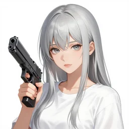 girl silver hair, holding a gun, trending on artstation, illustration by Yoji Shinkawa and Krenz Cushart, portrait