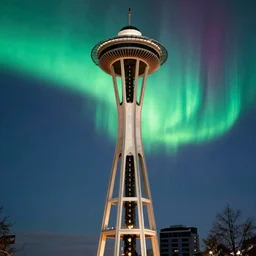 faint virgin mary portrait form into intense vivid aurora above space needle centered big sky film long exposure fuji wide angle national geographic