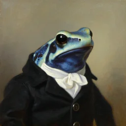 a head - and - shoulders portrait of an amazon milk frog wearing a black buttoned jacket with a white puff tie, an american romanticism painting, a portrait painting, cgsociety, soft focus, oil on canvas