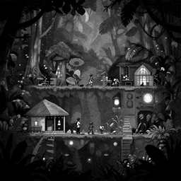 a monochrome and moody 2 d indy game level in a lush jungle