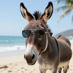 a donkey wearing cool sunglasses at the beach, 8k, hyper-detailed, ray tracing