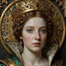 detailed realistic beautiful young medieval queen face portrait by jean delville, john william waterhouse, gustav klimt, and marco mazzoni, art nouveau, symbolist, visionary, gothic, preraphaelite, realistic smooth polished porcelain, ultrasharp hyperdetailed photorealistic octane render, ornate gothic icon with heavy patina