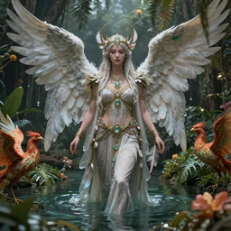 single full body wiccan high priestess with angelic face, super fine details and intricate jewelry with feathers and crystals, ethereal, in clear water surrounded by lush plants flowers and phoenix birds, divine realm of gods, solarpunk realistic cinematic style, filmed in 70mm, volumetric lighting, octane render, photographic, concept art, artist Leonardo DaVinci, unreal engine, 8k