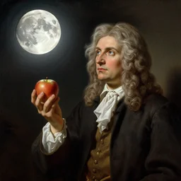 Isaac Newton holding an apple in his hands and looking at the moon, by Greg Hildebrandt