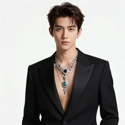 a photographic character model design of a handsome charming young man wearing excessive jewelry in an ornate and elegant way