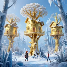 frozen jungle with gilded age treehouses, by peter mohrbacher dan mumford craig mullins nekro, cgsociety, pixiv, volumetric light, 3 d render