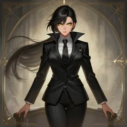 a highly detailed illustration of meisa kuroki wearing black suit and tie with coattails, yellow eyes, dramatic elegant pose, strings background, intricate, elegant, highly detailed, centered, digital painting, artstation, concept art, smooth, sharp focus, league of legends concept art, wlop.