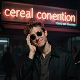 orientalist painting portrait of a slender man with short hair and rounded sunglasses, smiles in despair, atmospheric and obscure, standing under a neon sign that reads'cereal convention ', by roger deakins, cinematography, syd mead, realistic, 5 0 mm